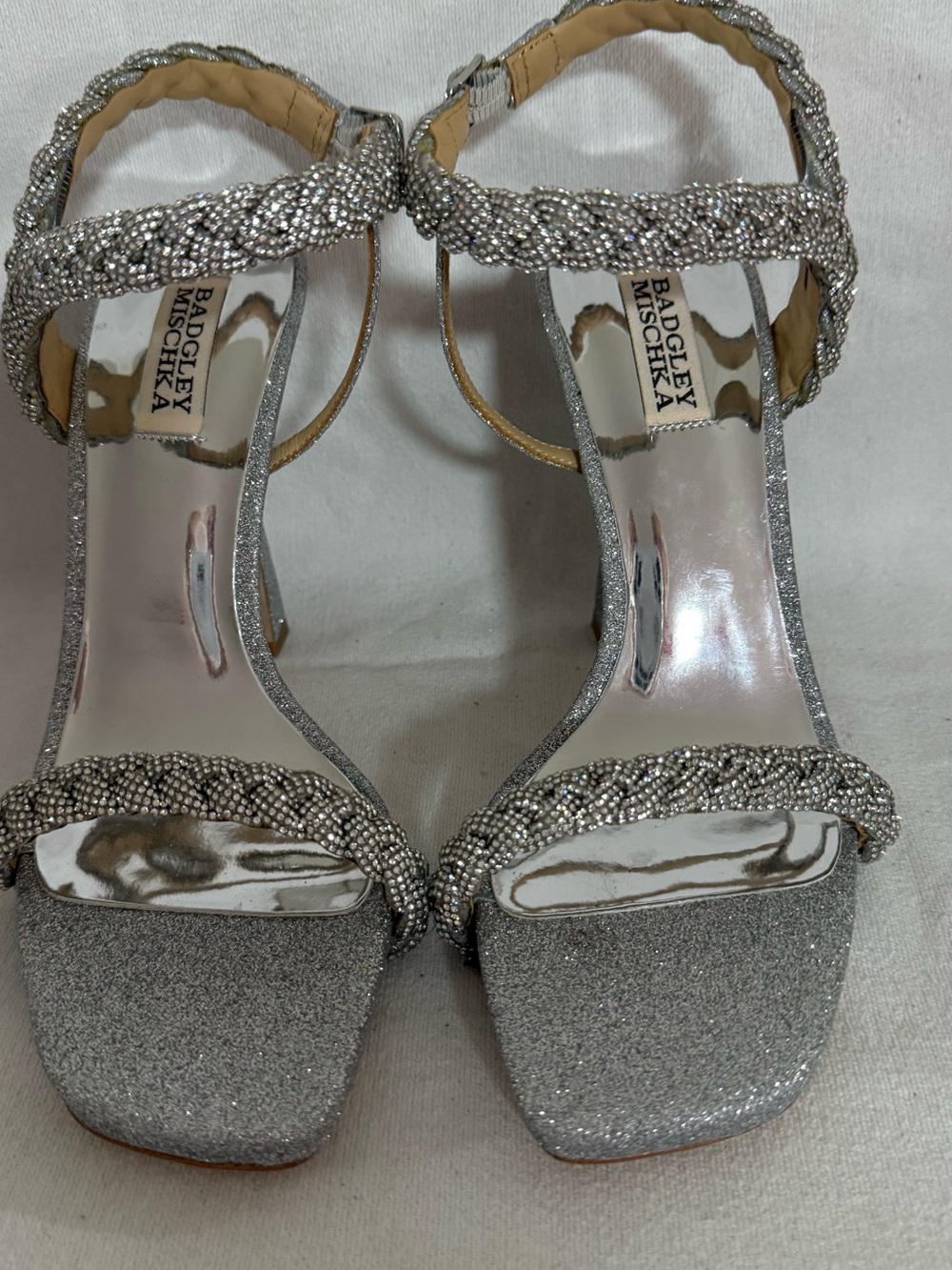 Badgley Mischka Fennel Silver Braided Crystal Strap Spool Heel Sandals - Picture 2 of 9